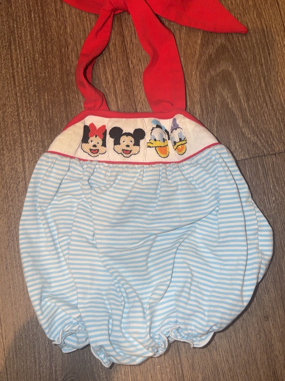 Disney Light Blue & Red Baby Bib Romper with Mickey, Minnie & Donald